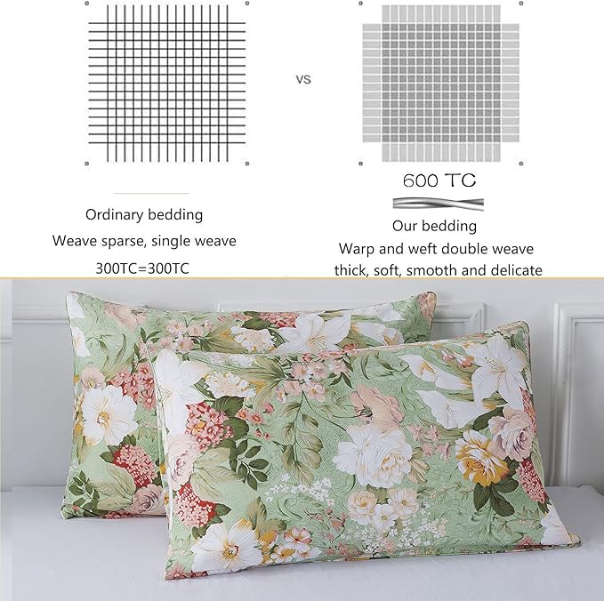 FADFAY Floral Duvet Cover Set Full 100% Cotton Girls Bedding 600 TC Mint Green - Image 3