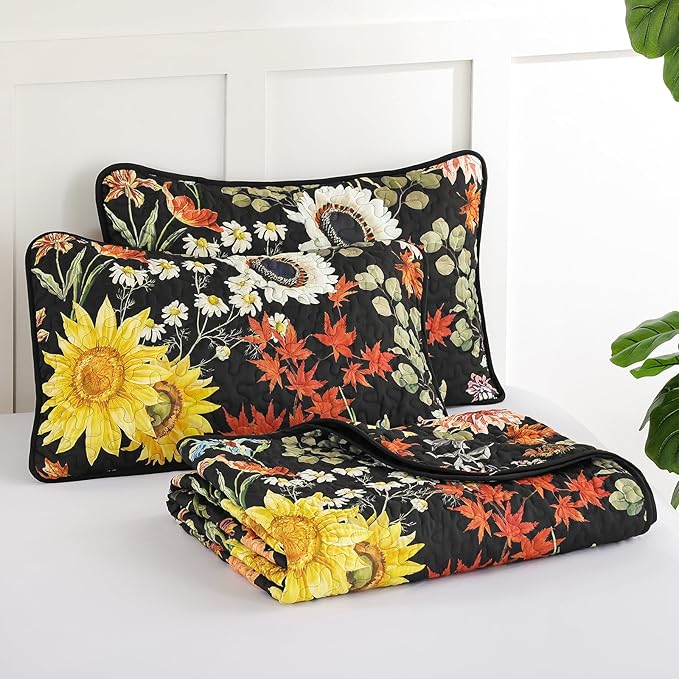 Yiran California King Quilt Set Black, Sunflower Floral Colorful Bedspreads - Image 9