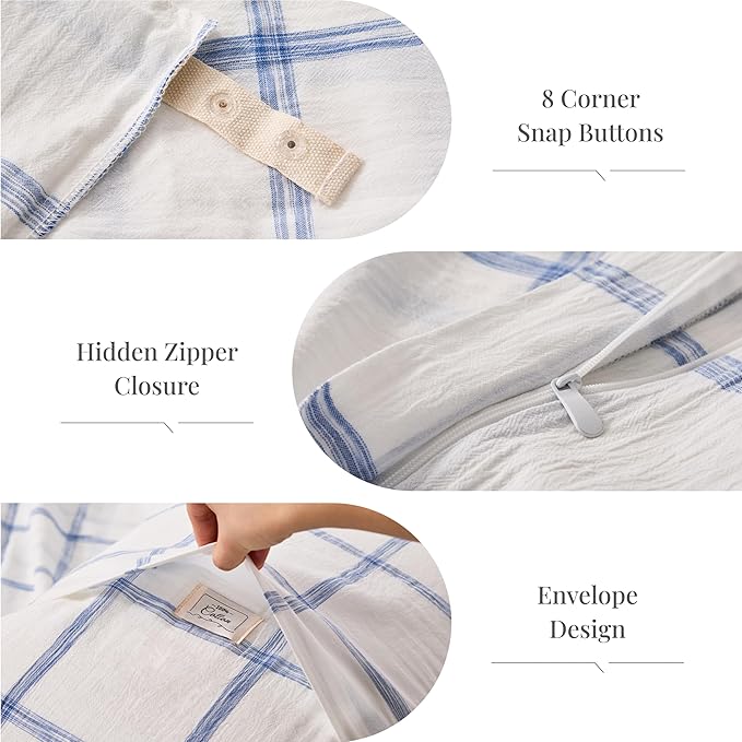 Blue Plaid Duvet Cover King, 100% Soft Washed Cotton King Size Duvet Cover Set - Image 5