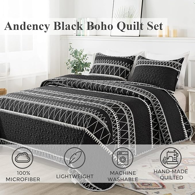 Andency Black Quilts Queen Size, 3 Pieces Queen Quilt Bedding Set Boho - Image 2