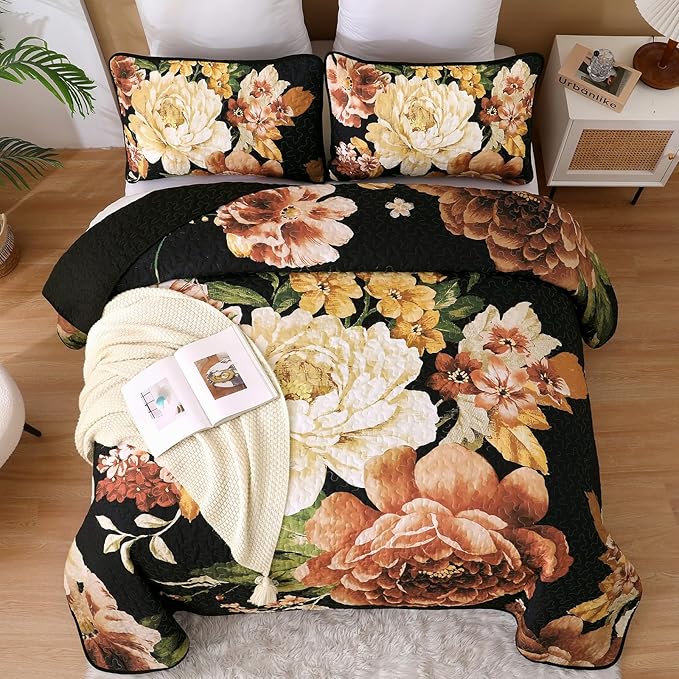 WONGS BEDDING Black Boho Floral Quilt Set King, 3 Pieces Elegant Gold Flower - Image 2