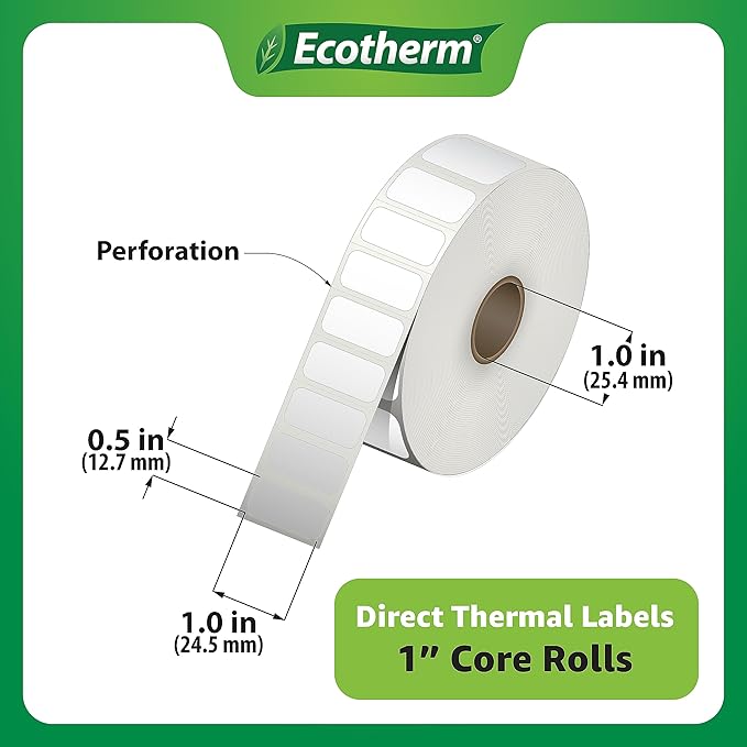 1" x .5" Thermal Labels | 4 Rolls | 9800 Labels | fits Zebra, Godex, Arkscan, iDPRT, Offnova Thermal Label Printers and More | Blank White Adhesive Stickers by Ecotherm-DeskoryOffice