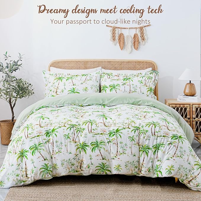 LONAVA King Tropical 3 Pcs Duvet Cover Set, Breathable Soft Microfiber Sage - Image 2