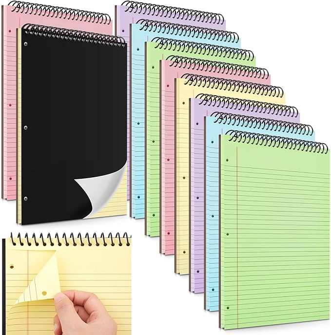 10 Packs 8.5" x 11" Top Spiral Notebook with 3 Hole Punched Legal Pads College Ruled Notepad 50 Sheets Hard Cardboard Paper Wirebound Notepad for Office School Business (Multicolor)-DeskoryOffice