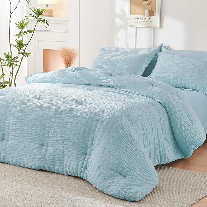 HYMOKEGE Lake Blue King Size Comforter Set Seersucker 7 Pieces, All Season - Image 8