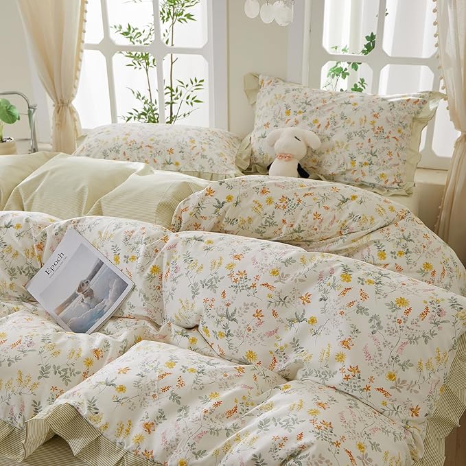 mixinni 100% Cotton Duvet Cover Set Full, Reversible Spring Floral Ruffle Green - Image 2
