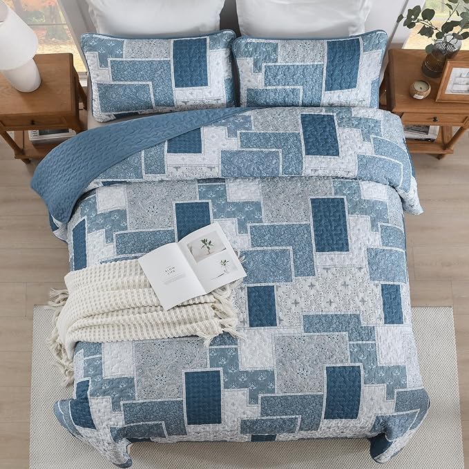 Xruibed Blue Boho Quilt Set King Size, 3 Pieces Plaid Floral Bedspread Coverlet - Image 4