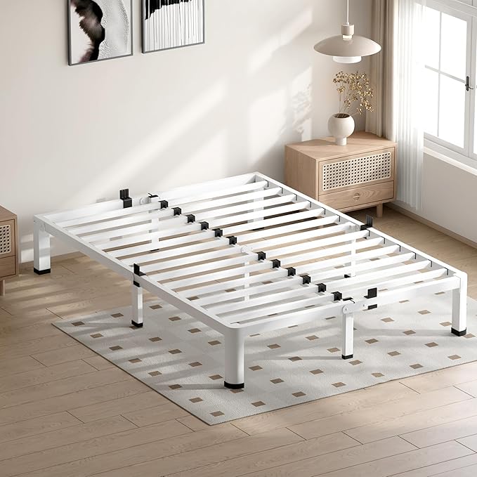 10 Inch White Queen Bed Frame, 3500Lbs Heavy Duty Metal Platform with Round Corner Legs Mattress Slide Stopper, Steel Slat Support No Box Spring Needed, Noise Free, Non-Slip, Easy Assembly