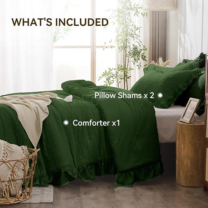 JOLLYVOGUE Dark Green King Comforter Set, 3 Pieces Seersucker Comforters King - Image 6
