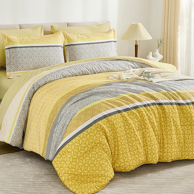 WONGS BEDDING Yellow Comforter Set King Size, 7 Pieces Striped Bed in a Bag - Image 3
