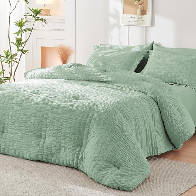 HYMOKEGE Sage Green California King Comforter Set Seersucker 7 Pieces, All - Image 8