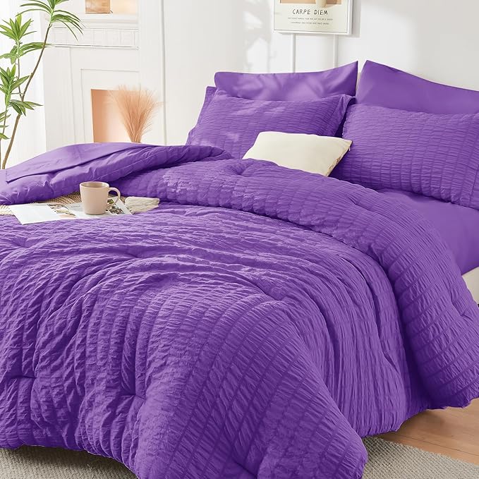 HYMOKEGE Bright Purple Queen Comforter Set Seersucker 7 Pieces, All Season by HYMOKEGE