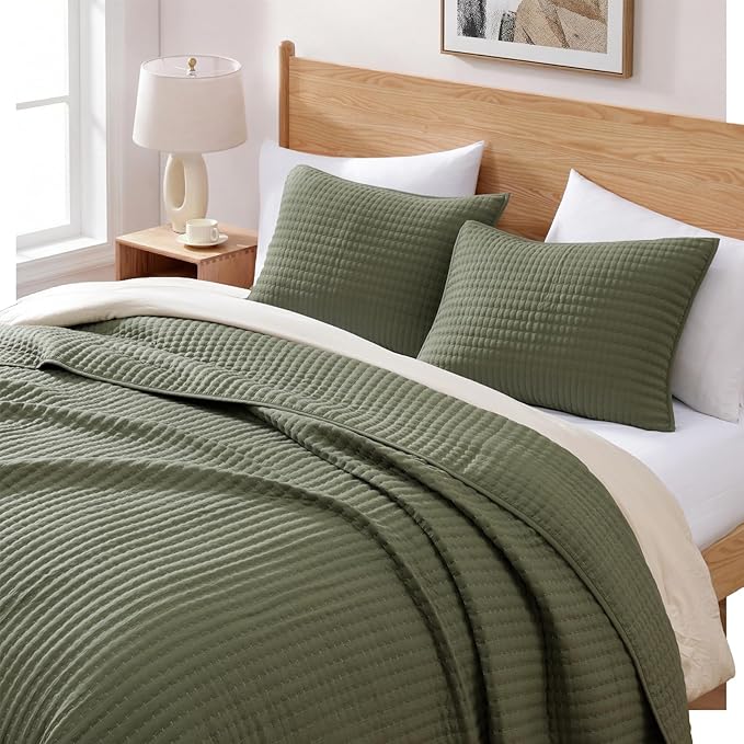 WRENSONGE Twin Quilt-2 Pieces Lightweight Bedspreads Olive Green Twin Quilt - Image 2