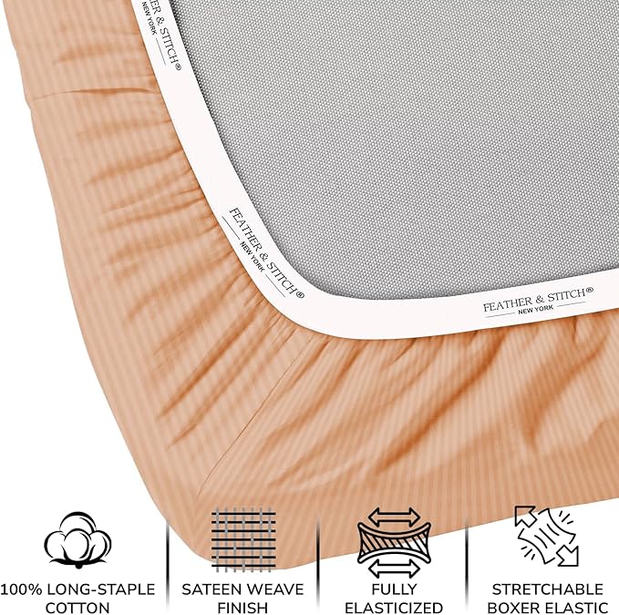 Feather & Stitch 1 Piece Fitted Sheet Full Size, 100% Cotton Damask Sateen Weave - Image 2