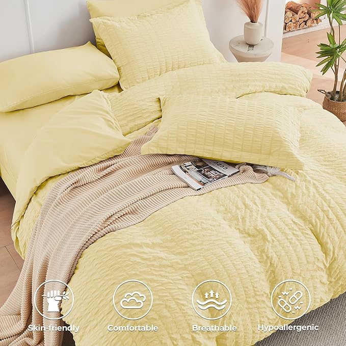 HYMOKEGE Yellow California King Comforter Set Seersucker 7 Pieces, All Season - Image 3