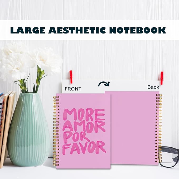 BearCake More Amore Por Favor Inspirational Notebooks, Pink Notebook Journal, Cute Trendy Notebook, Aesthetic Notebook, Notebooks for Work Note Taking, Hardcover Spiral Notebook 5.5x8.3-DeskoryOffice