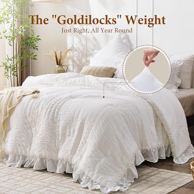 JOLLYVOGUE White Twin Size Comforter Set, 2 Pieces Seersucker Lightweight - Image 3