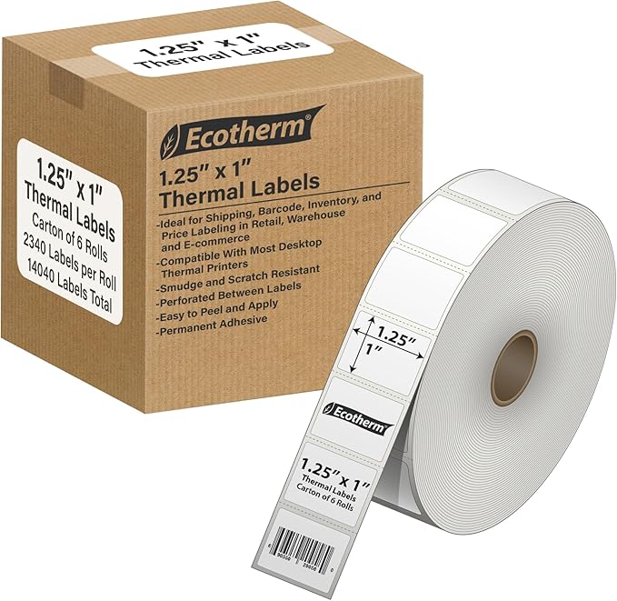 1.25" x 1" Thermal Labels | 6 Rolls | 14040 Labels | fits Zebra, Godex, Arkscan, iDPRT, Offnova Thermal Label Printers and More | Blank White Adhesive Stickers by Ecotherm-DeskoryOffice