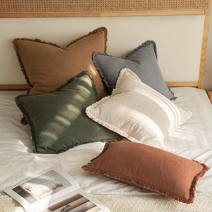 MIULEE Decorative Lumbar Throw Pillow Covers Neutral Linen Fringe Throw Pillows - Image 5