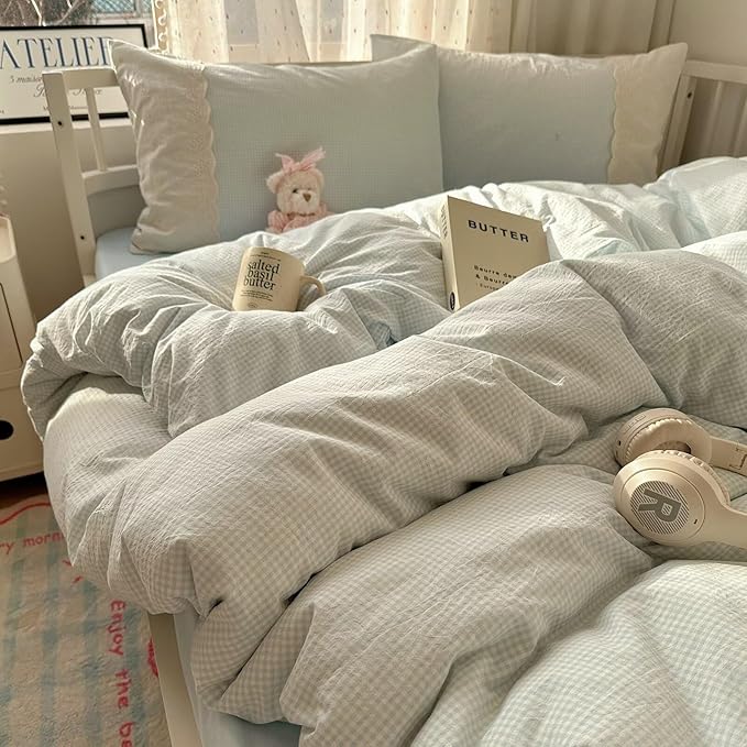 MKXI Blue Gingham Duvet Cover Set Twin Size by MKXI