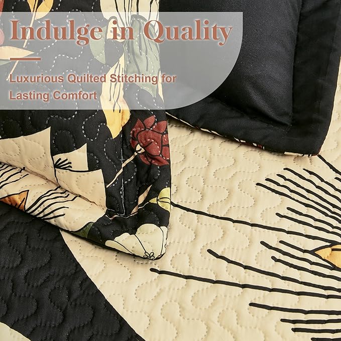 Tyrot 3 Piece Black Boho Floral King Size Quilt Sets Reversible Farmhouse - Image 4