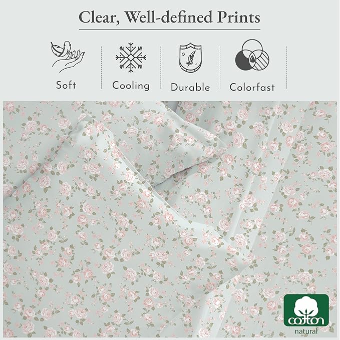 California Design Den Printed Pattern Rose Queen Sheet Set, 100% Cotton Sateen - Image 5