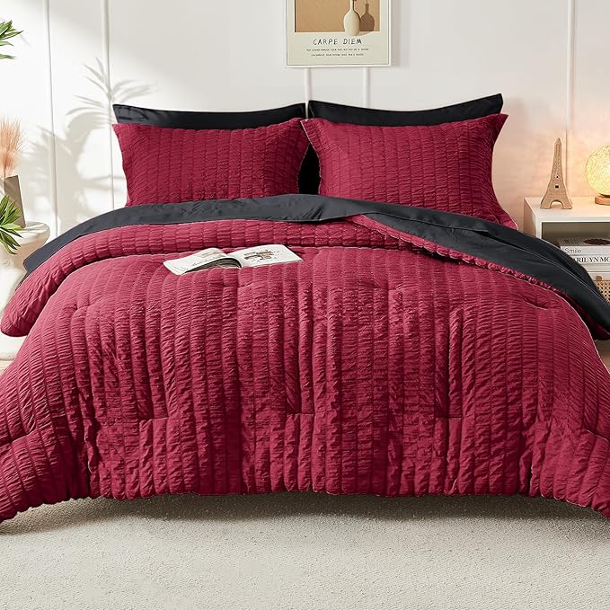 HYMOKEGE Red & Black Twin Comforter Set Seersucker 5 Pieces, All Season Luxury - Image 8