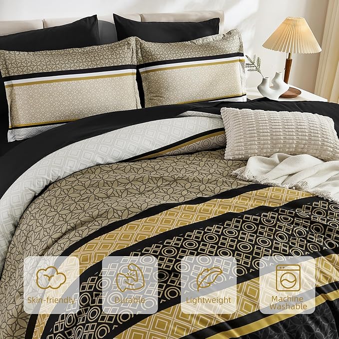 WONGS BEDDING Yellow Black Queen Comforter Set 7 Pieces, Boho Striped Bed in a - Image 4