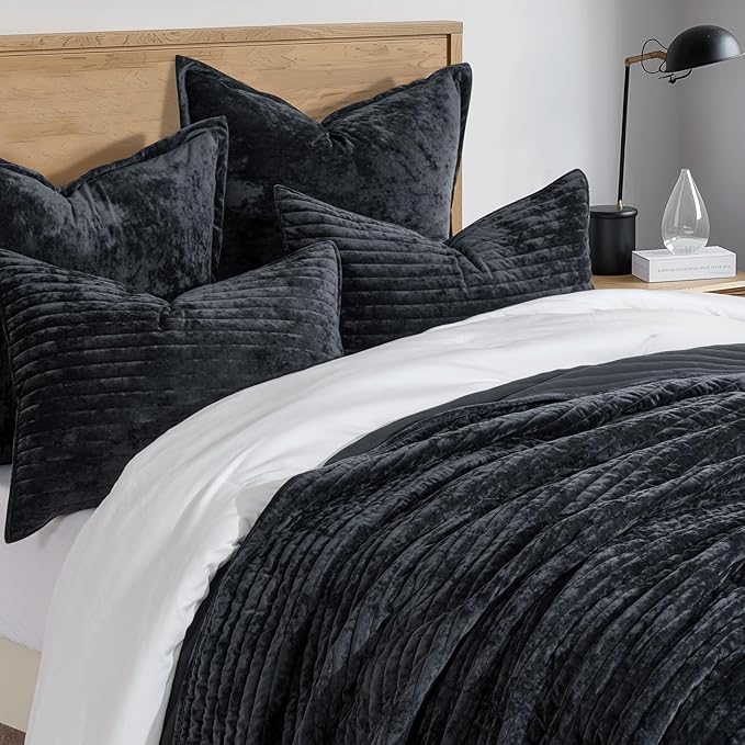 EVERGRACE Velvet Quilt Set Queen Size, Luxurious Soft Striped Channel Bedding - Image 4