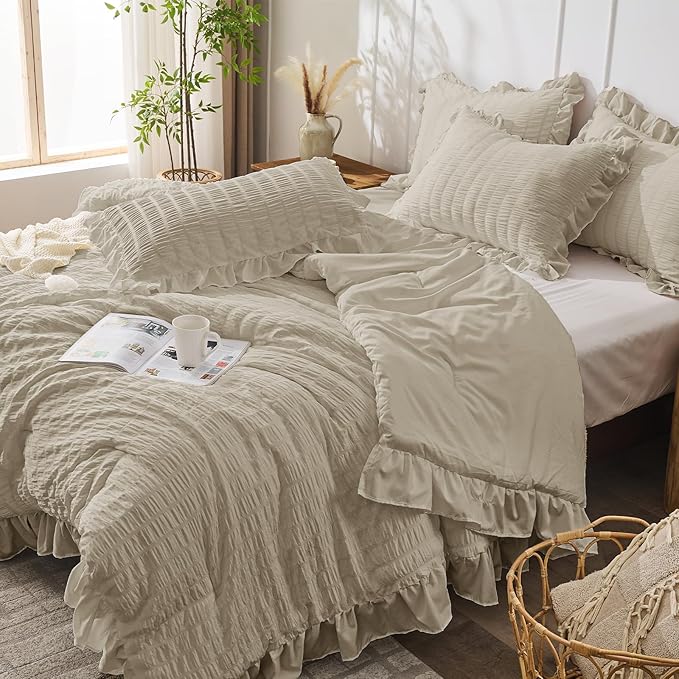 JOLLYVOGUE Queen Comforter Set, 3 Pieces Linen Seersucker Comforters Queen Size - Image 7