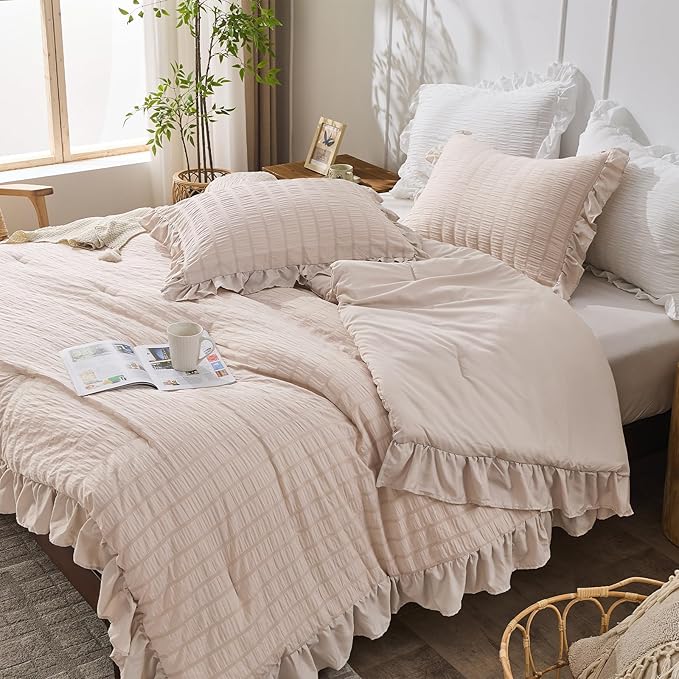 JOLLYVOGUE Beige Twin Size Comforter Set, 2 Pieces Seersucker Lightweight - Image 7