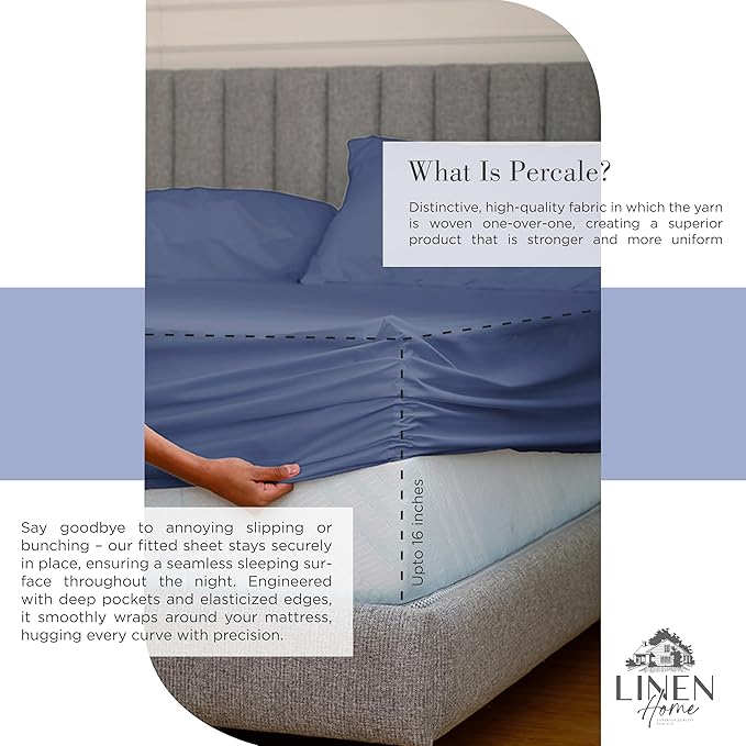 Linen Home 100% Cotton Percale Sheets King Size, Dark Blue, Deep Pocket - Image 4