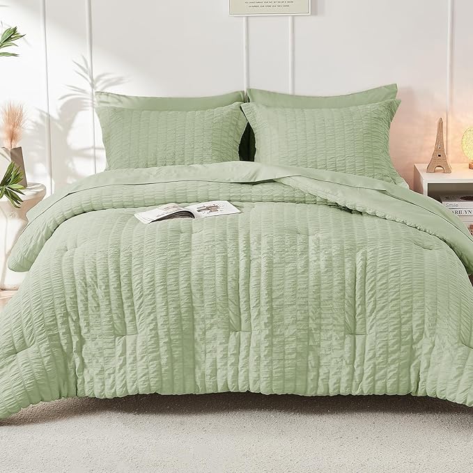 HYMOKEGE Light Green Full Size Comforter Sets Seersucker 7 Pieces, All Season - Image 8
