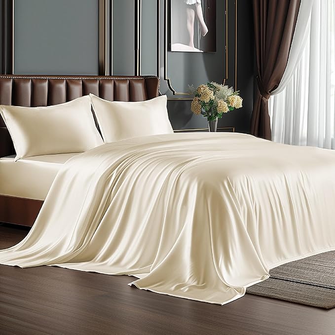 BEDELITE Satin Sheets Queen Size Bed Set, Luxury Soft Beige Silky Sheets by BEDELITE