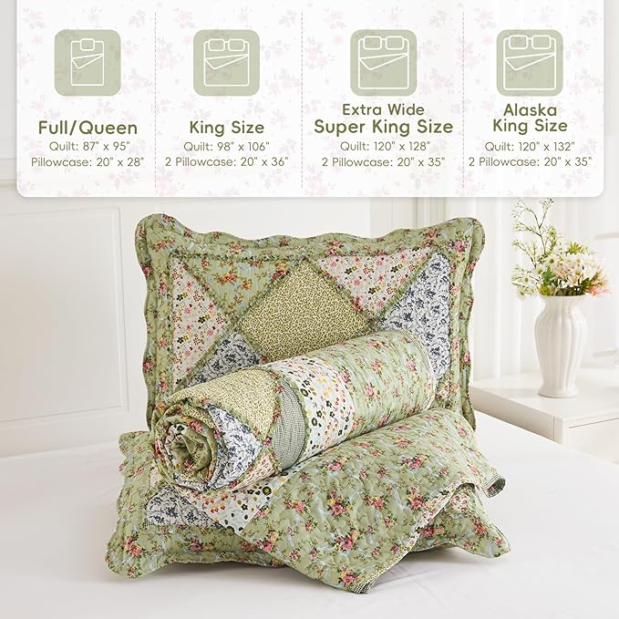 VIVILINEN Full Queen Size Green Patchwork Quilt Set Reversible Quilted - Image 6