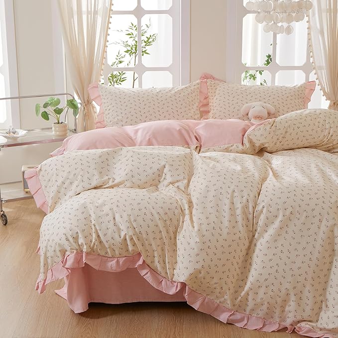 mixinni Pink Floral Duvet Cover Set Twin XL Size – 100% Cotton Ruffle Lace - Image 3