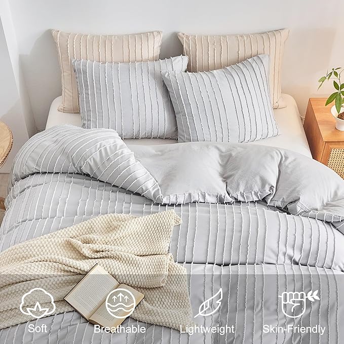 WARMDERN Light Grey Tufted Duvet Cover Set Queen Size, Striped Textured Duvet - Image 3