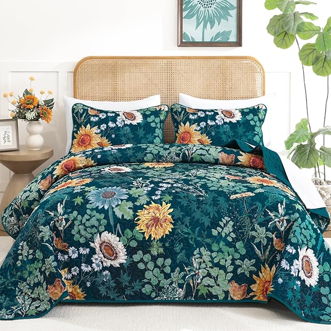 Yiran Peacock Green King Size Quilt, Sunflower Floral Bedspreads Bedding Set by Yiran
