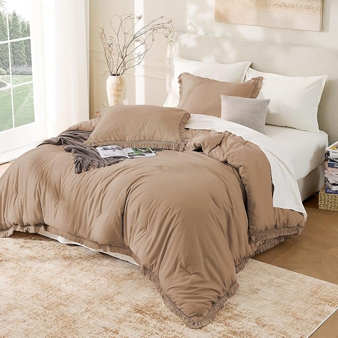 Andency Taupe Comforter Set King Size, 3 Pieces Boho Tassel Lightweight Bedding - Image 6