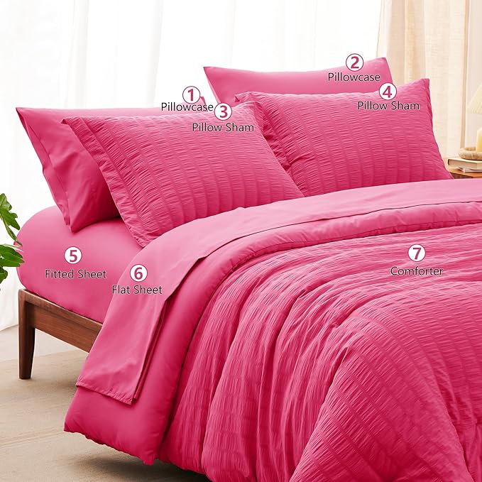 CozyLux Queen Comforter Set Hot Pink Seersucker 7 Pieces Bed in a Bag Queen - Image 8