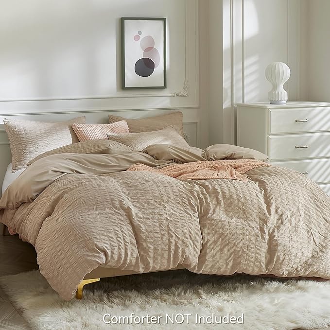 JELLYMONI Khaki Duvet Cover Queen Size, Soft Breathable Seersucker Duvet Cover - Image 3