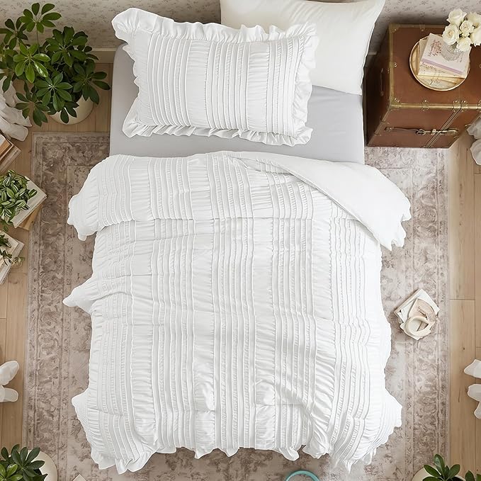 WONGS BEDDING White Comforter Set Twin, 3 Pieces Ruffle Shabby Chic Comforter - Image 6