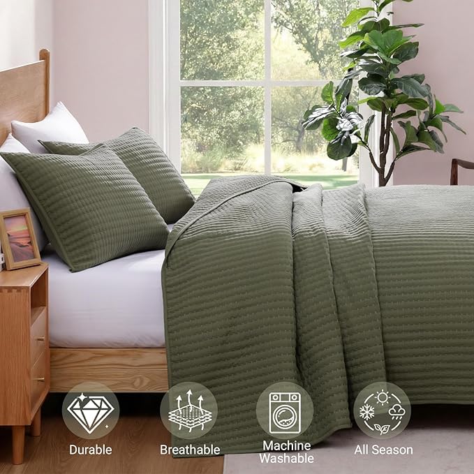 WRENSONGE King Size Quilt-3 Pieces Lightweight Bedspreads Olive Green King - Image 5