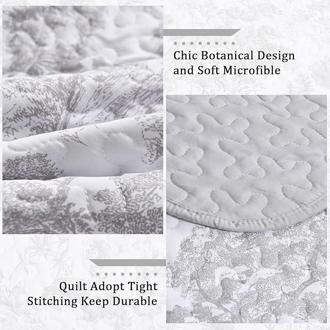 WONGS BEDDING Grey Quilt Set Queen Size, 3 Pieces Botanical Bedspreads Set - Image 4