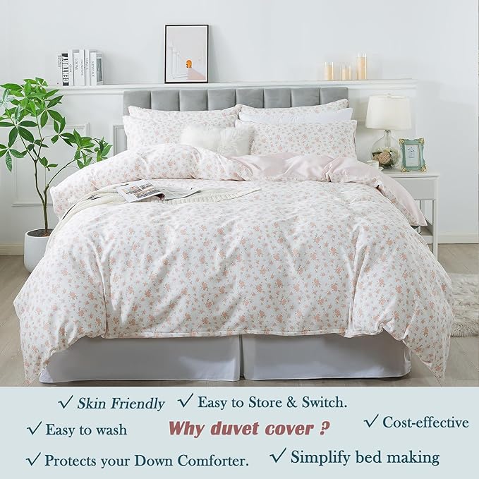 FADFAY Twin Duvet Cover Set Pink Floral Comforter Cover 100% Cotton Girls Pink - Image 8