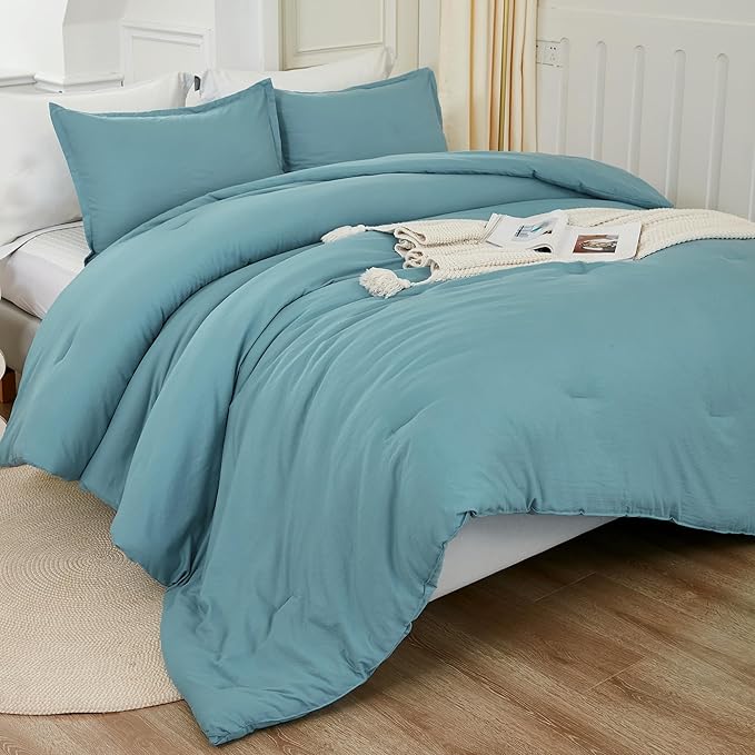 Litanika Grayish Teal Comforter Full Size, 3 Pieces Lightweight Solid Bedding - Image 6