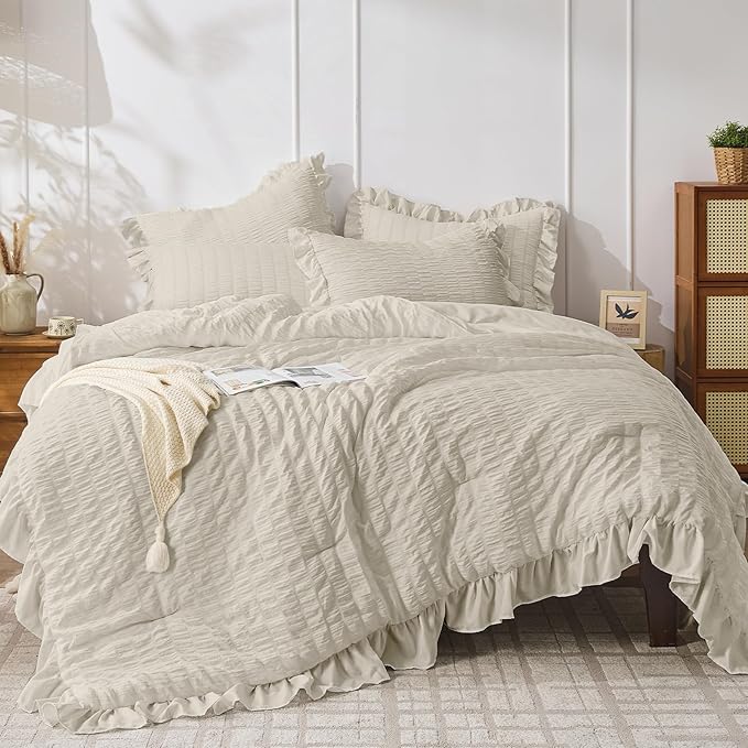 JOLLYVOGUE Twin Size Comforter Set, 2 Pieces Oatmeal Seersucker Lightweight by JOLLYVOGUE