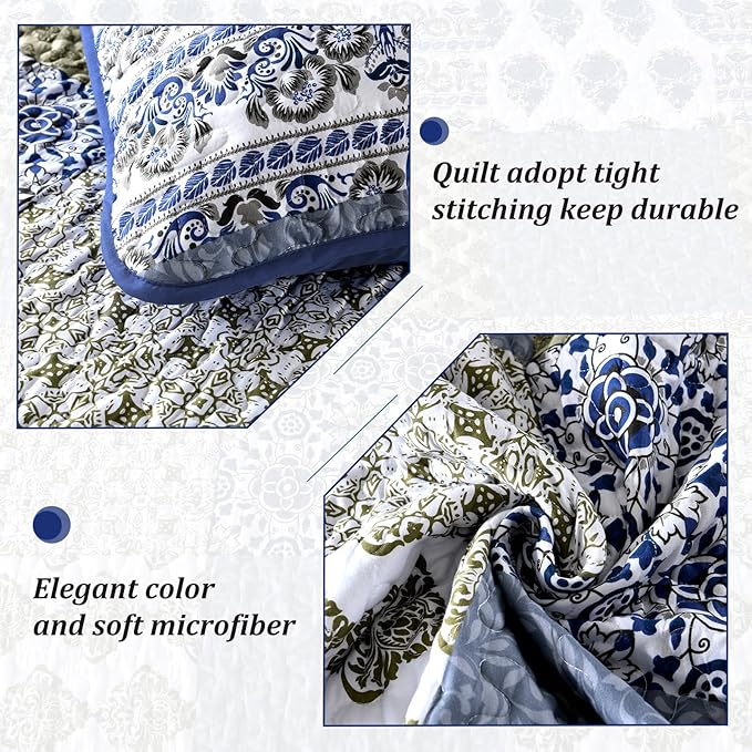 Mybedsoul Blue Quilt Set Queen Size 3 Pieces Boho Plaid Aqua Blue Floral - Image 5
