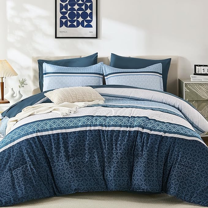 WONGS BEDDING Navy Blue Queen Comforter Set 7 Pieces, Boho Striped Bed in a Bag - Image 2