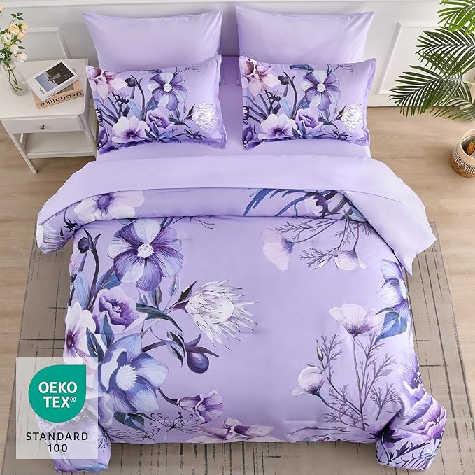 Luxudecor Lavender Purple Floral Comforter Set King Size 7 Piece, Flower Bed in - Image 3